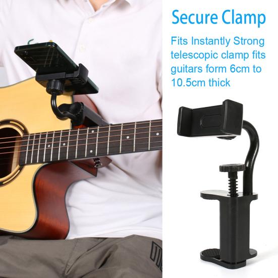 Guitar Phone Holder Adjustable Guitar Mount for 6-10.5cm Thick Guitar Ukulele Bass Mobile Phone Support Clamp for Live Video Recording Broadcast