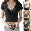 Dámské triko s hlubokým výstřihem do V krátkým rukávem Tričko s odhaleným pupíkem Slim Fit Jednobarevné topy Lehké strečové topy