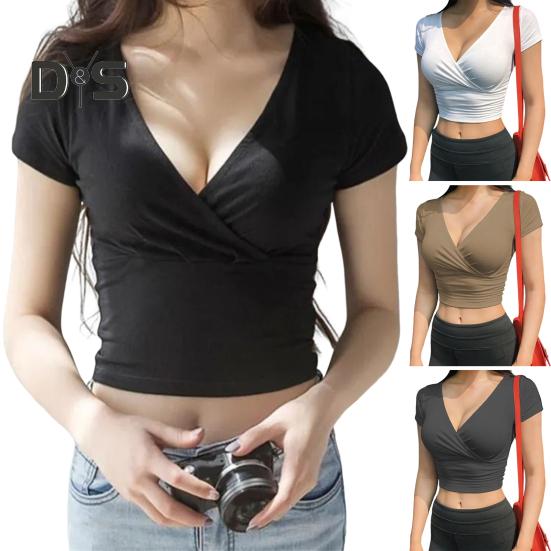 Dámské triko s hlubokým výstřihem do V krátkým rukávem Tričko s odhaleným pupíkem Slim Fit Jednobarevné topy Lehké strečové topy
