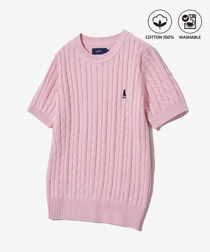 YALE Women'S Heritage Dan Cable Short Sleeve Round Knit Light Pink