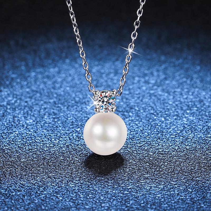 

S925 Sterling Silver Moissanite Pendant with D Color Pearl Necklace - Korean Style Simple Collarbone Chain for Women 925 Silver