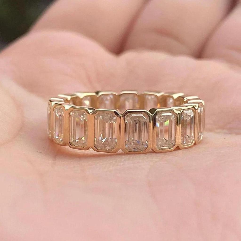 Emerald Cut Cubic Zirconia Eternity Band Ring, Full Gold Plated Wedding Anniversary Ring for Women