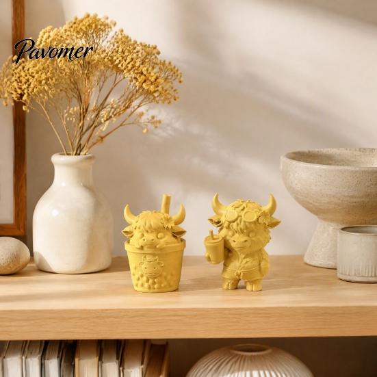 Desktop Landscaping Ornament 2Pcs Cute Highland Cow Figurine, 3D Printed Bubble Tea Statues, Handheld Drink Calf Summer Farmhouse Style Ornaments,