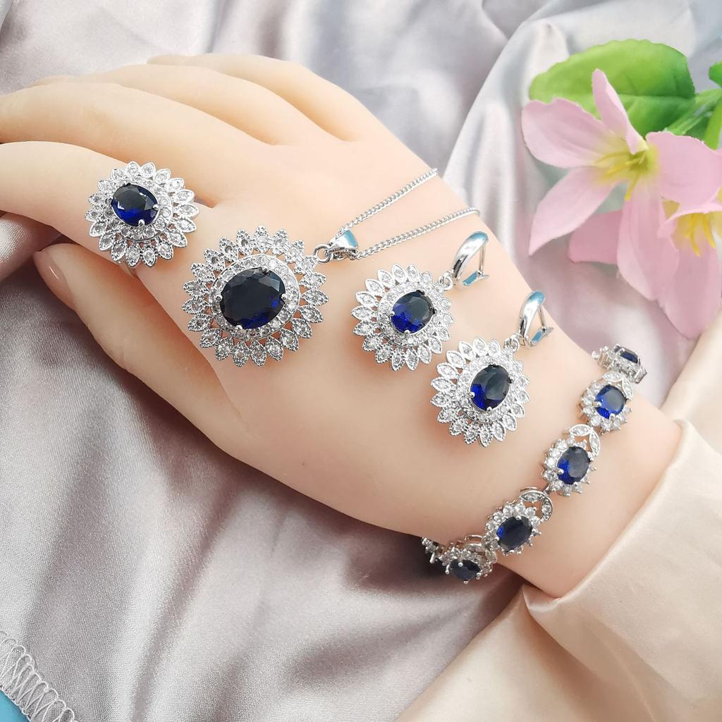 Fashion Jewelry Sunflower Zircon Necklace Earrings Ring Bracelet Set of Three.