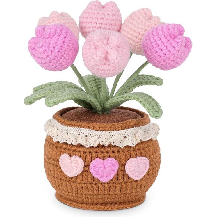 Handmade Potted Crochet Tulip Bouquet, Blush Pink Crocheted Tulips Hand Woven Flowers Knitted Flowers in Exquisite Pot Gift for Women Friends Kids