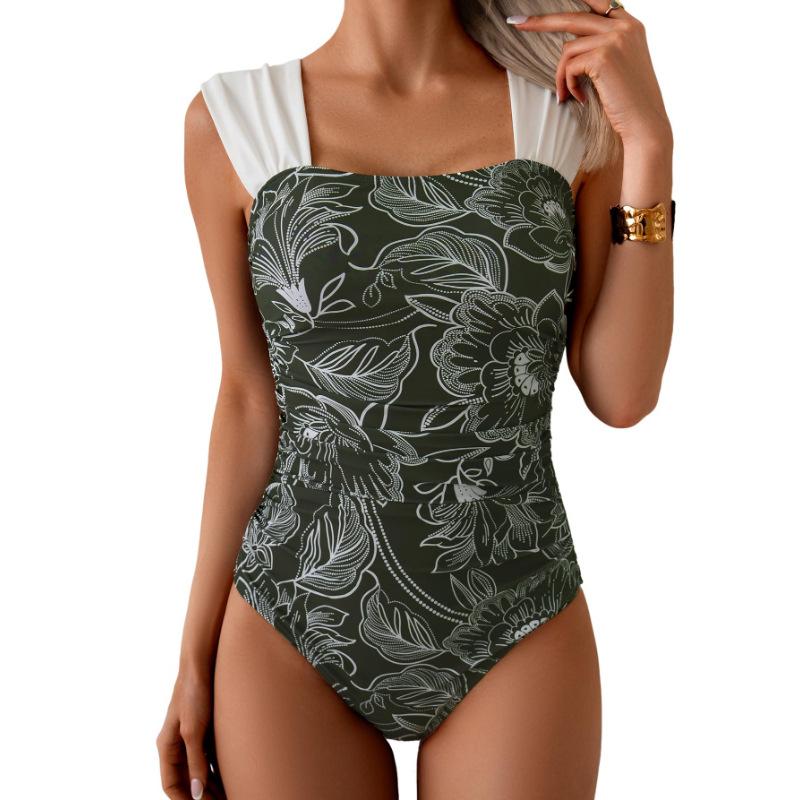 Womens Wide Strap Ruffle Detail One Piece Swimsuit Multi Color Print Bathing Suit