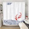 1pc Koi Fish Wave Shower Curtain Digital Illustration Stylized Blue Swirl Pattern Light Grey Background White Swirls Modern Desi