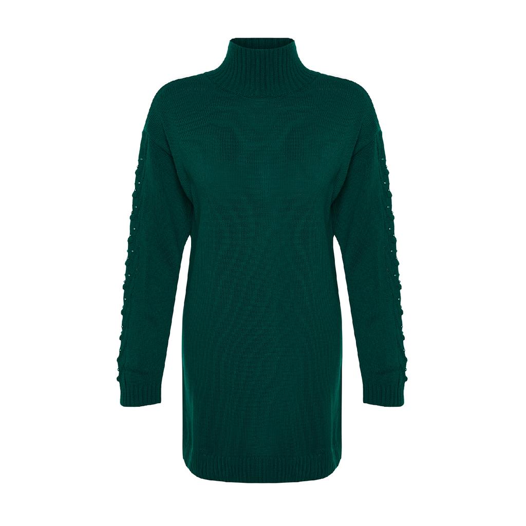 Pulover de tricotaj cu perle cu mânecă verde închis Tctaw24ak00129