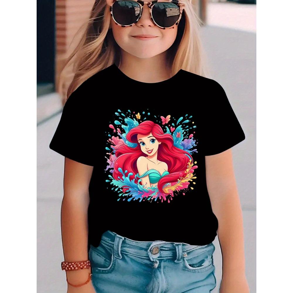 

Girl Ariel Little Mermaid T-shirt Foam Print, Casual Summer Short Sleeve Round Neck Top Suitable for the Beach 140