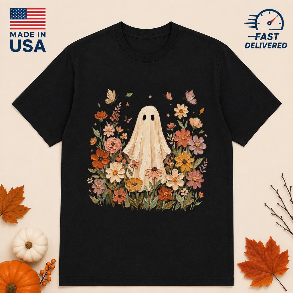 Ghost Fall Floral T-Shirt, Cute Boho Halloween Tee, Cozy Autumn Shirt