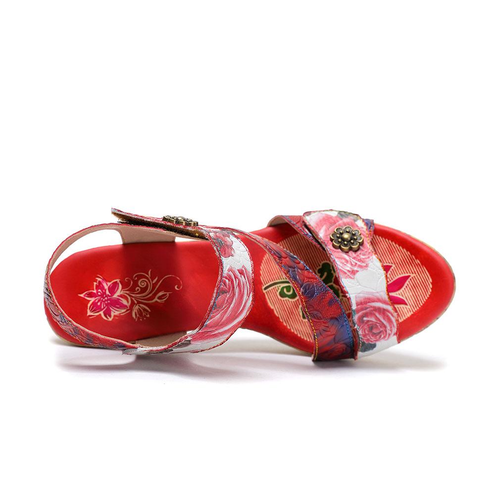 Johnature Sandales à talons hauts rouges à imprimé mode en cuir véritable style ethnique rétro rose chaussures pour femmes