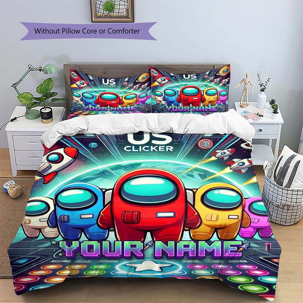 Among Us Custom Name Pattern Bedding,Quilt Set Quilt Cover Pillowcase Home Birthday Gift(1 * Duvet Cover + 2 * Pillowcase, Without Core)