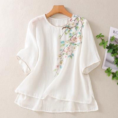 Chinese Style Retro Cotton Linen Tops for Women Summer Thin Loose Short Sleeves Shirt T-shirts