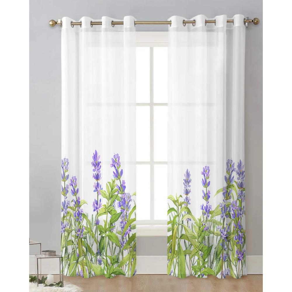 Pflanzen Lavendel Blume Lila Weiß Gardinen für Wohnzimmer Dekoration Fenster Vorhang Küche Tüll Voile Organza Vorhänge