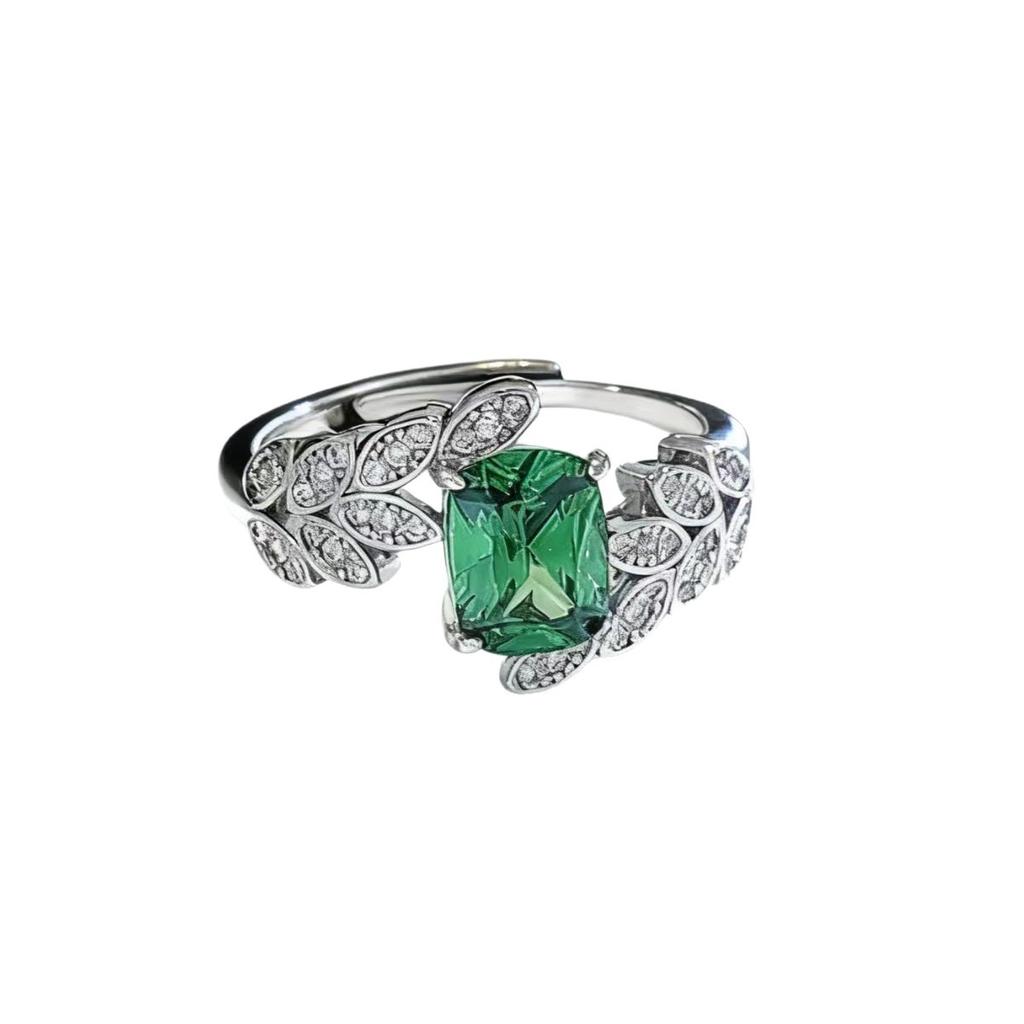 Leaf Style Emerald Open Ring Women'S Swing Arm Cross Leaf Design Green Zircon Ring Jewelry