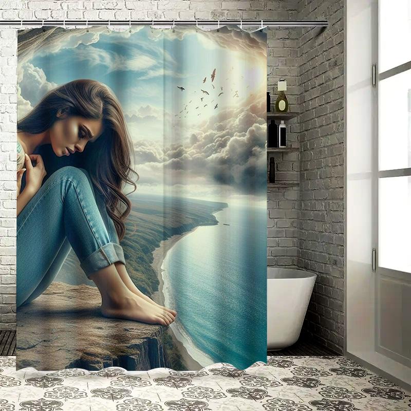 Dreamy Woman on Cliffside Shower Curtain - Waterproof, Mildew-Resistant, Machine Washable for Serene Bathroom Decor