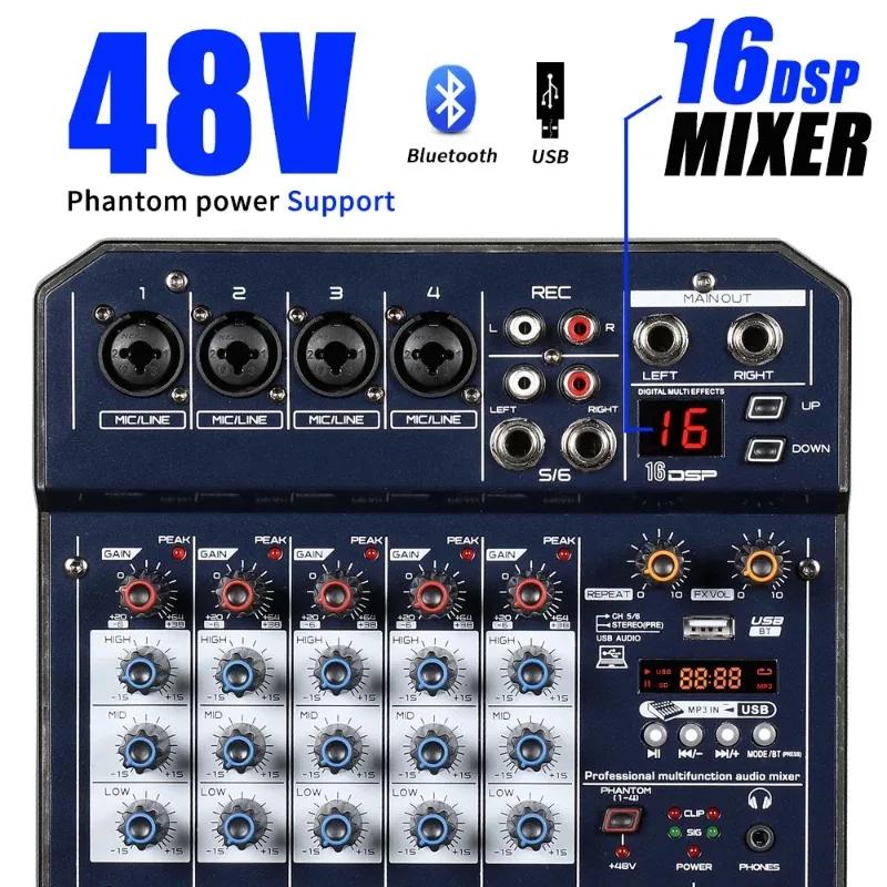 6 Channel Dj Mixing Console Sound Card with Monitor 16 Echo DSP 48V Phantom Power for PC Record Karaoke Party