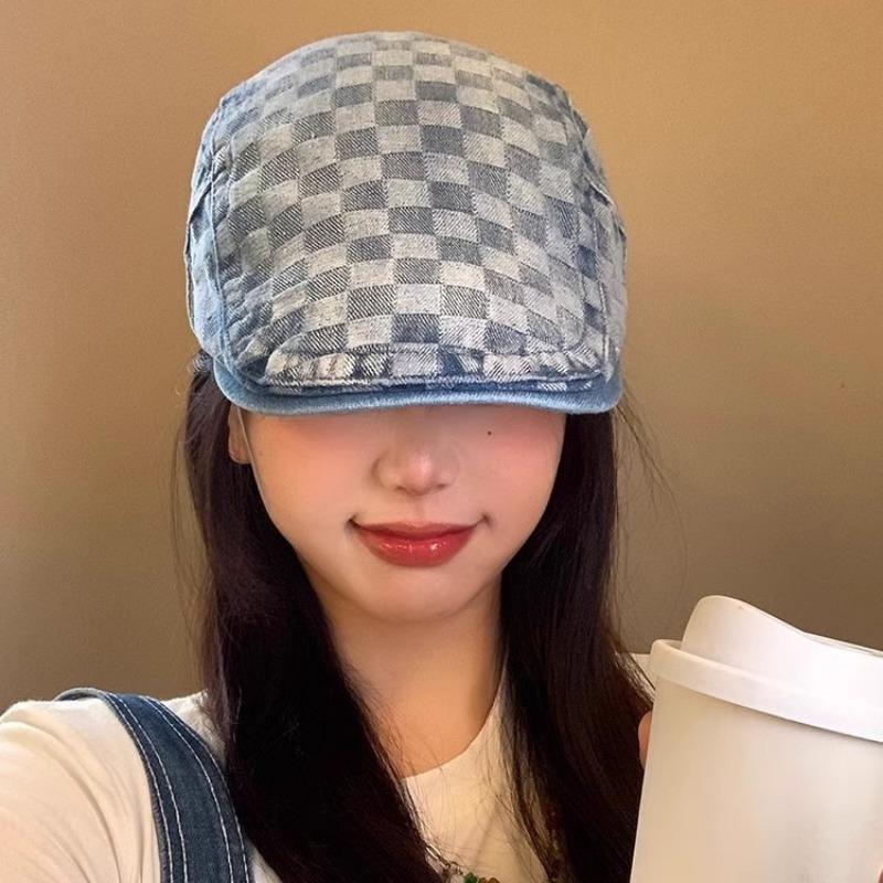 Plaid denim forward hat beret female reverse wearing washed retro big head circumference painter hat spring and autumn women's