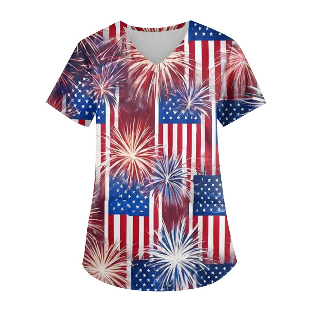 Modisches V-Ausschnitt-Taschen-Kurzarm-Uniform- und Pflegekraft-Oberteil für Damen mit Aufdruck zum Unabhängigkeitstag