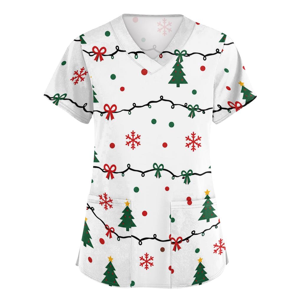 Women's V-Neck Print Scrub Top with Pockets and Side Slits, Short Sleeve Caregiver Uniform Shirt