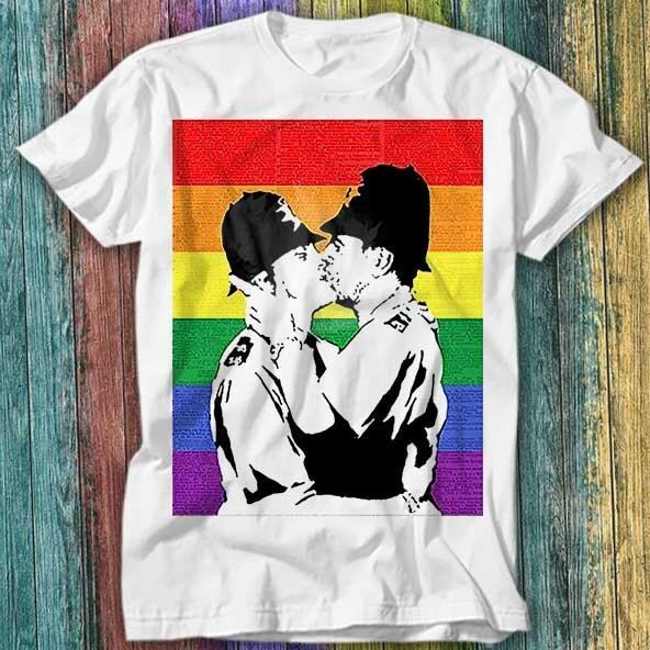 Banksy LGBT Pride Gay Rainbow Graffiti Police Kissing T Shirt Top Tee 486 Unisex T-Shirt