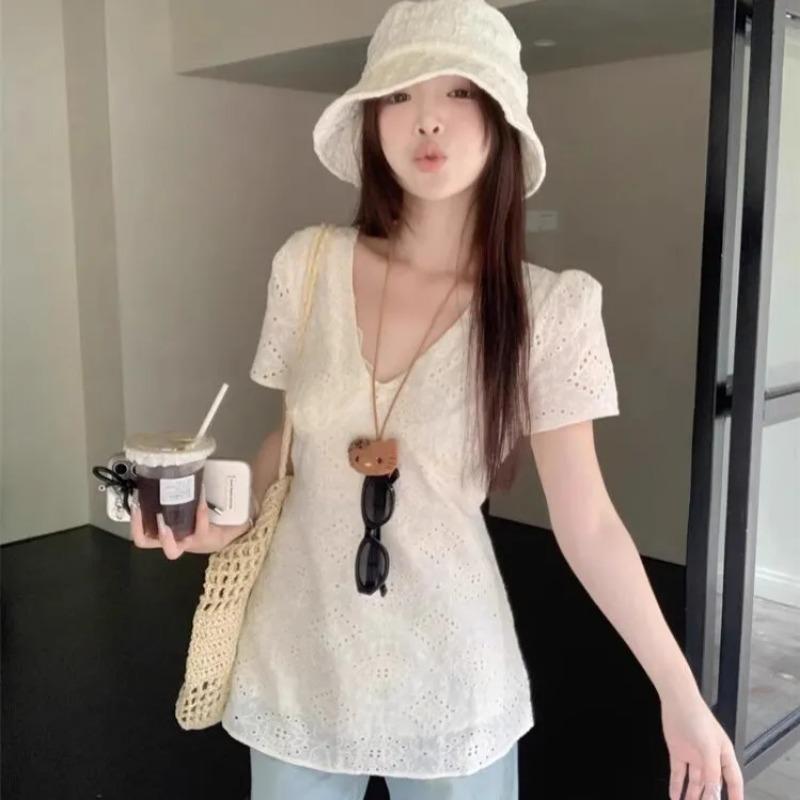 

Women Summer Casual Eyelet Embroidered Top V Neck Short Sleeve Tunic Blouse OneSize бежевый