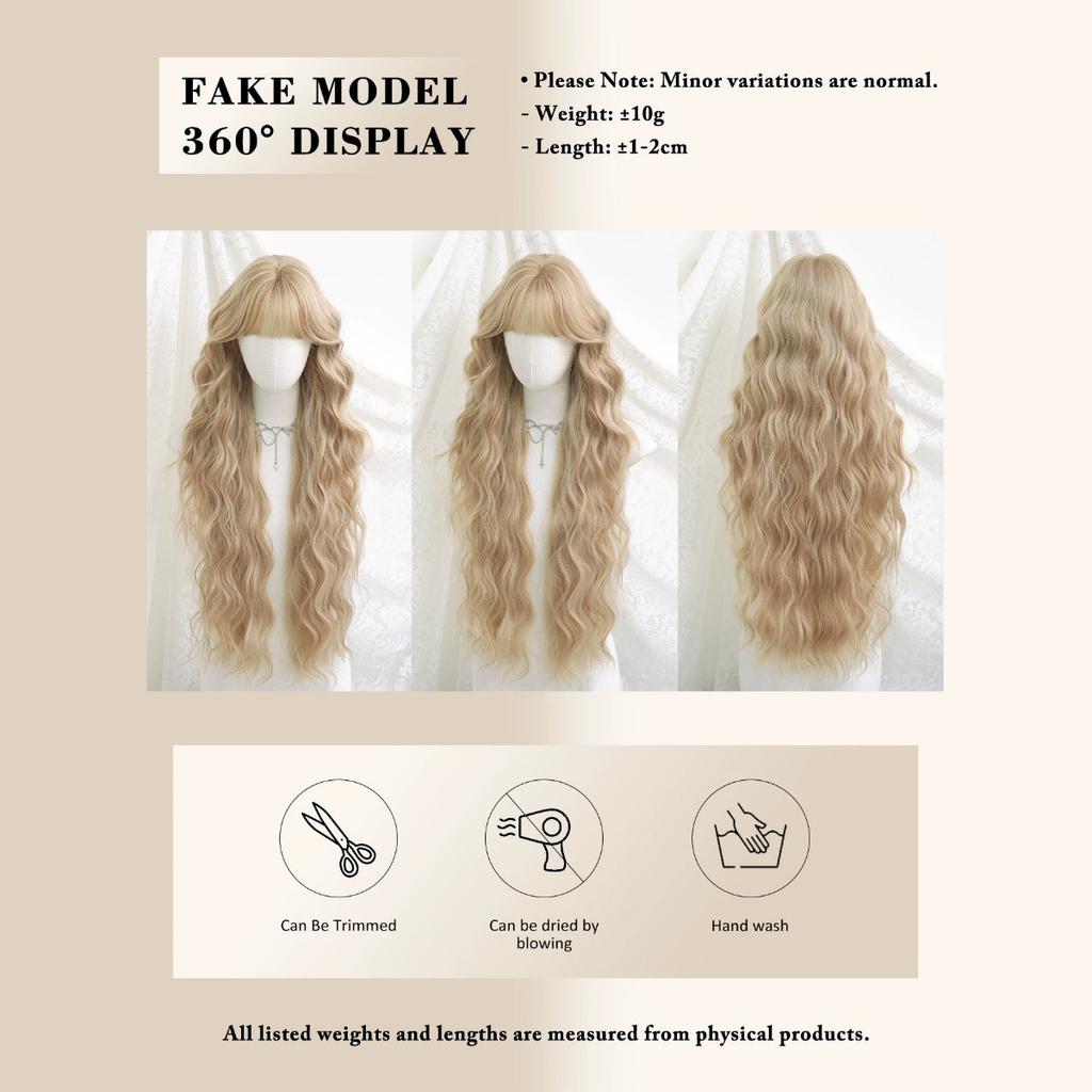 Light Blonde Long Curly Wig 32 Inch Straight Bangs Water Wave Voluminous Heat Resistant Synthetic Full Cap Wig for Women