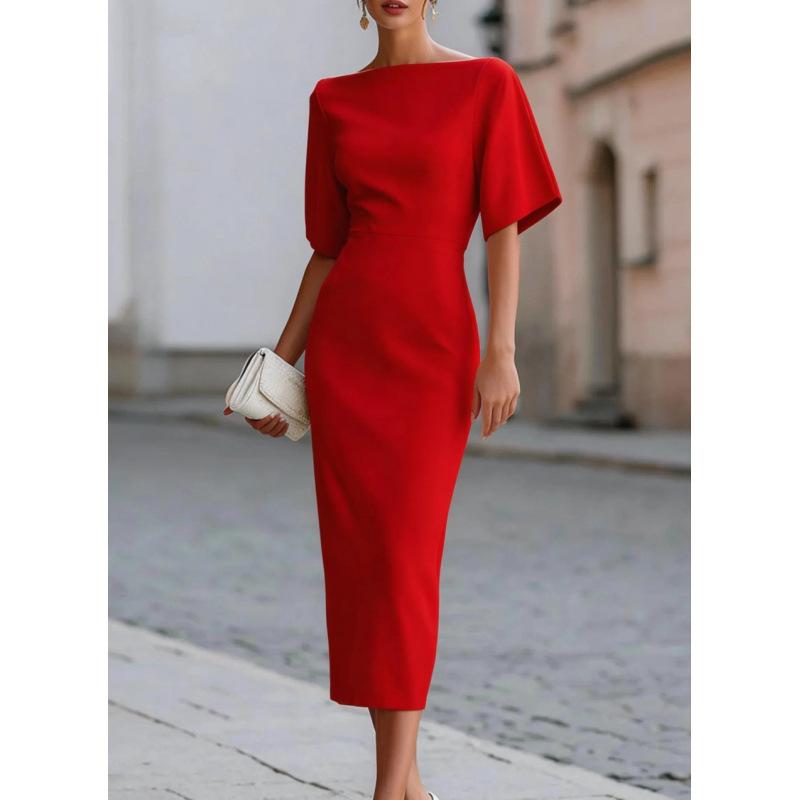 Womens Boat Neck Half Sleeve Bodycon Midi Dress