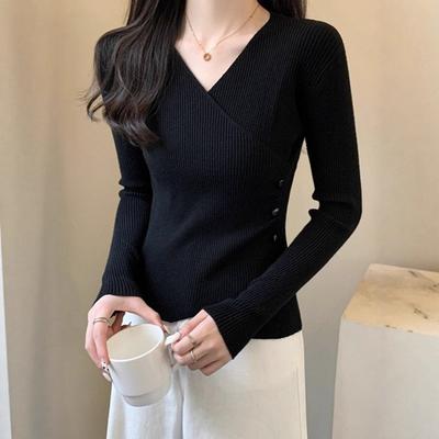 Khaki Short Knitted Bottoming Shirt Women's Autumn Popular Style Sweater Slim-fitting Long-sleeved Top