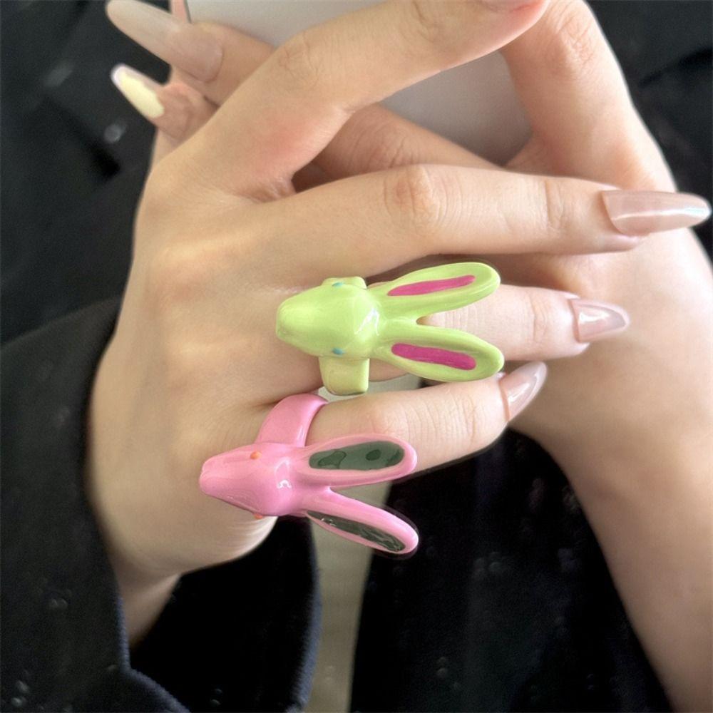 Macaron Color Rabbit Drip Oil Ring Minority Design Chunky Enamel Ring Exaggerated Ring  Couple