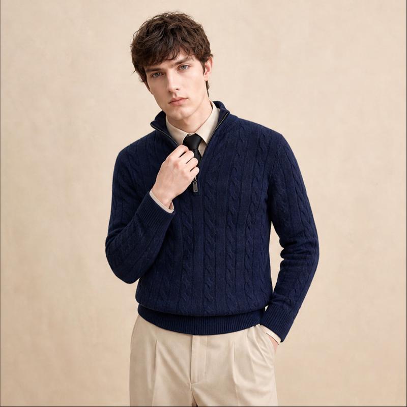 JOW Men's Cable Knit Cashmere Blend Zipper Sweater