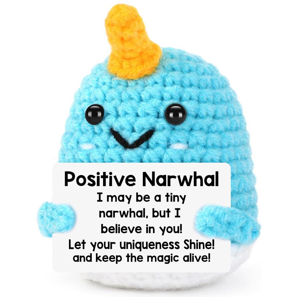 Handmade Knitted Positive Narwhal Doll With Card Home Room Decor Crochet Emotional Inspirational Support Narwhal Desk Ornament