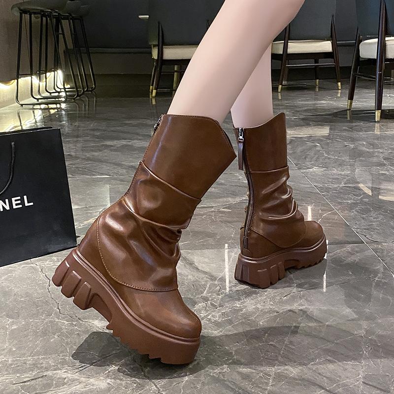 New 9cm Platform Increase Women Ankle Boots Fashion Back Zippers Shoes Autumn Winter Thick Heel Non Slip Ladies Short Booties