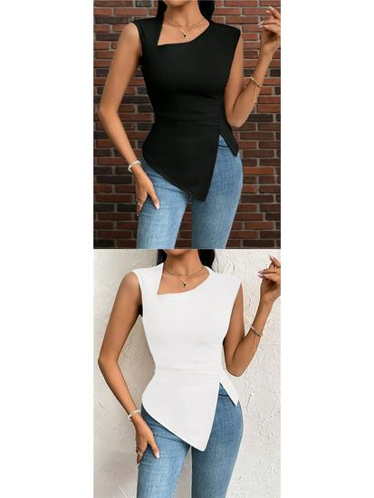 Women's Elegant Asymmetrical Neck Slim Fit T-shirt - Spring/Summer Pure Color Top