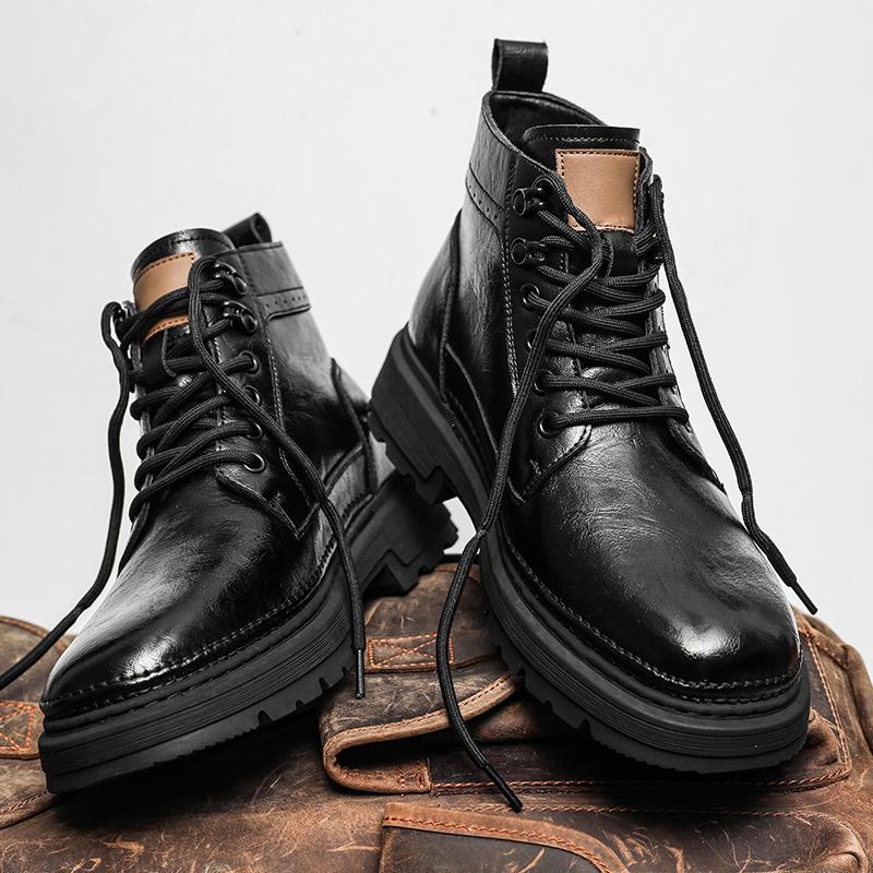 

New Lace Up Designer Vintage Walking Shoes Men Side Zipper Business Genuine Leather Men Boots Lace Up Outdoor Motorcycle Boots 44 чёрный