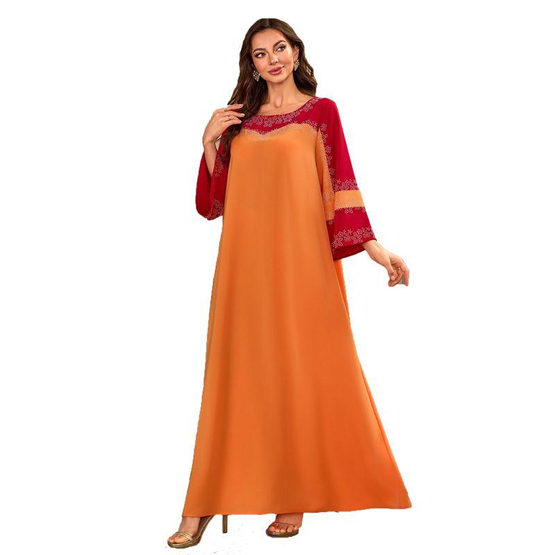 Cross-Border Women clothes Dubai Moroccan Robe Middle East Hot Drilling round Neck Loose Contrast Color Plus size dresses Dress