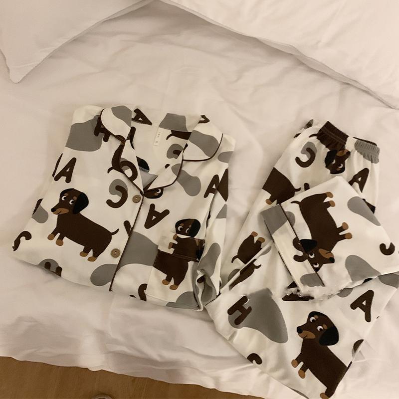 Spring Autumn Long Sleeve Women's Pajamas Set Cute Dachshund Print Cotton Two Pieces Full Length Pants Loose