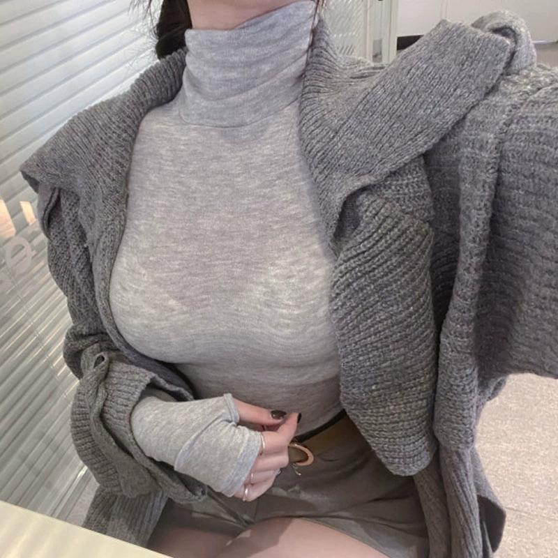 Elegant Slim Fit See-Through High Neck Long Sleeve T-Shirt