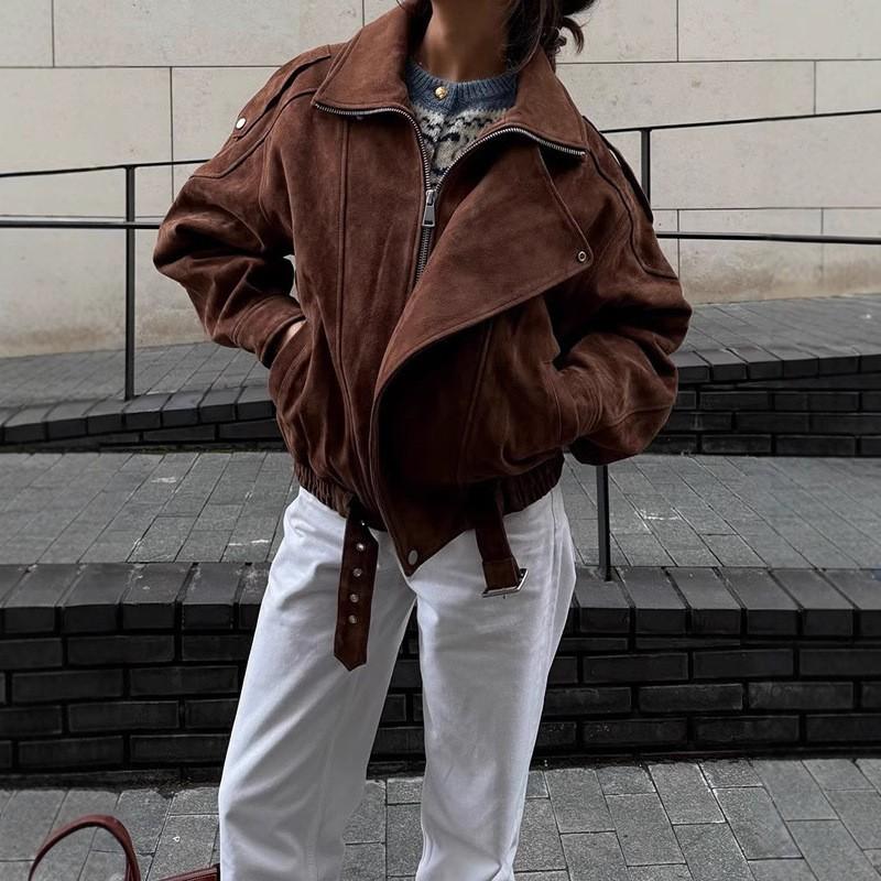 Womens Brown Short Loose Jacket Vintage Aesthetic Casual Fashion Outerwear