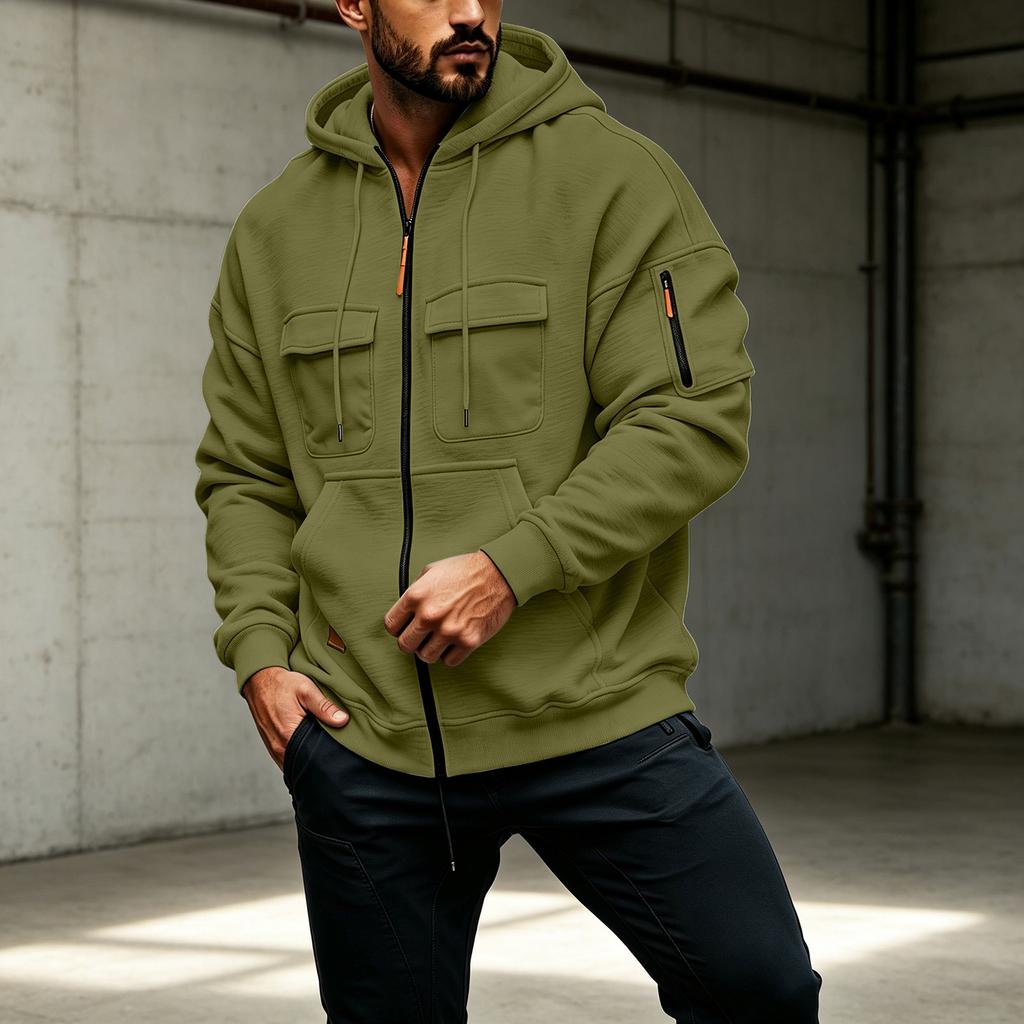 Herren Kapuzen-Reißverschluss-Sweatshirt Lockerer Schnitt Mehrere Taschen Strickjacke Jacke Freizeit-Oberbekleidung