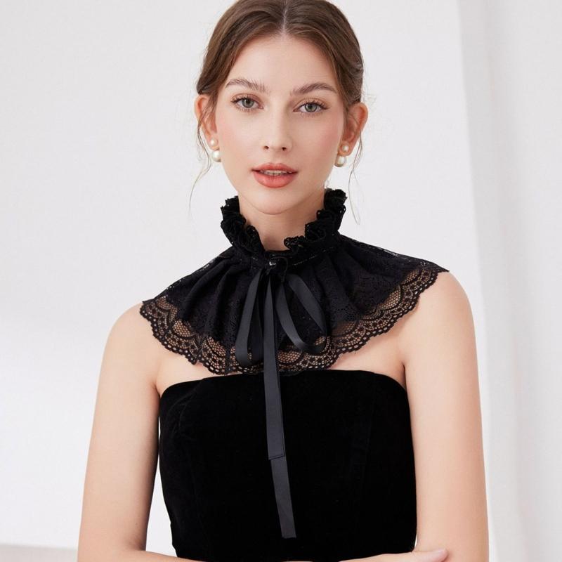 Rüschenspitze Stehkragen Falscher Kragen mit Band für Damen Viktorianischer Abnehmbarer Halsrüschen Dekorativer Schwarzer Schal Cape Boleros