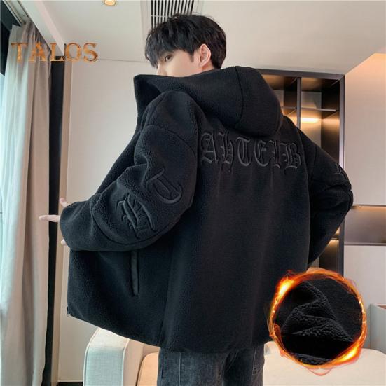 Jachetă de iarnă pentru bărbați, cu glugă, mânecă lungă, broderie, scrisoare, imprimare, culoare solidă, haină cu fermoar, fleece gros, caldă