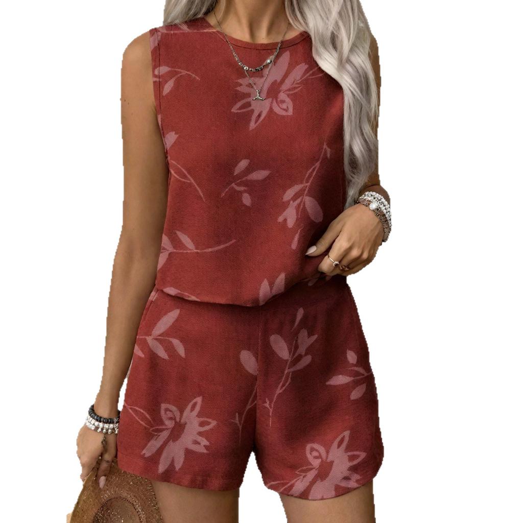 2026 European and American Cross-border Foreign Trade Summer Casual Sleeveless Vest Women's Clothing Comfortable Crew Neck Shorts Set Advanced Texture