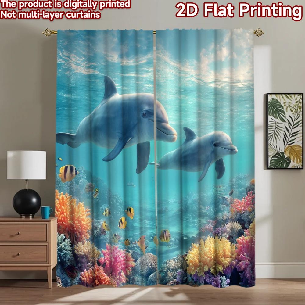 2D flat printing 2pcs Window Curtains Dolphins Coral Reef Ocean Life Digital Printed Polyester Drapes Family Party Decoration