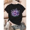 Europäische Größen Damen Hellgelbes Blumenprint-T-Shirt - Atmungsaktives Sommer-Freizeit-Kurzarm-Oberteil mit Rundhalsausschnitt und Lila-Blau-Blumendesign