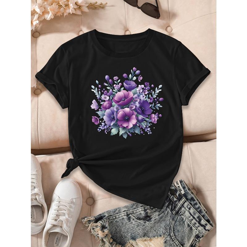 Europäische Größen Damen Hellgelbes Blumenprint-T-Shirt - Atmungsaktives Sommer-Freizeit-Kurzarm-Oberteil mit Rundhalsausschnitt und Lila-Blau-Blumendesign