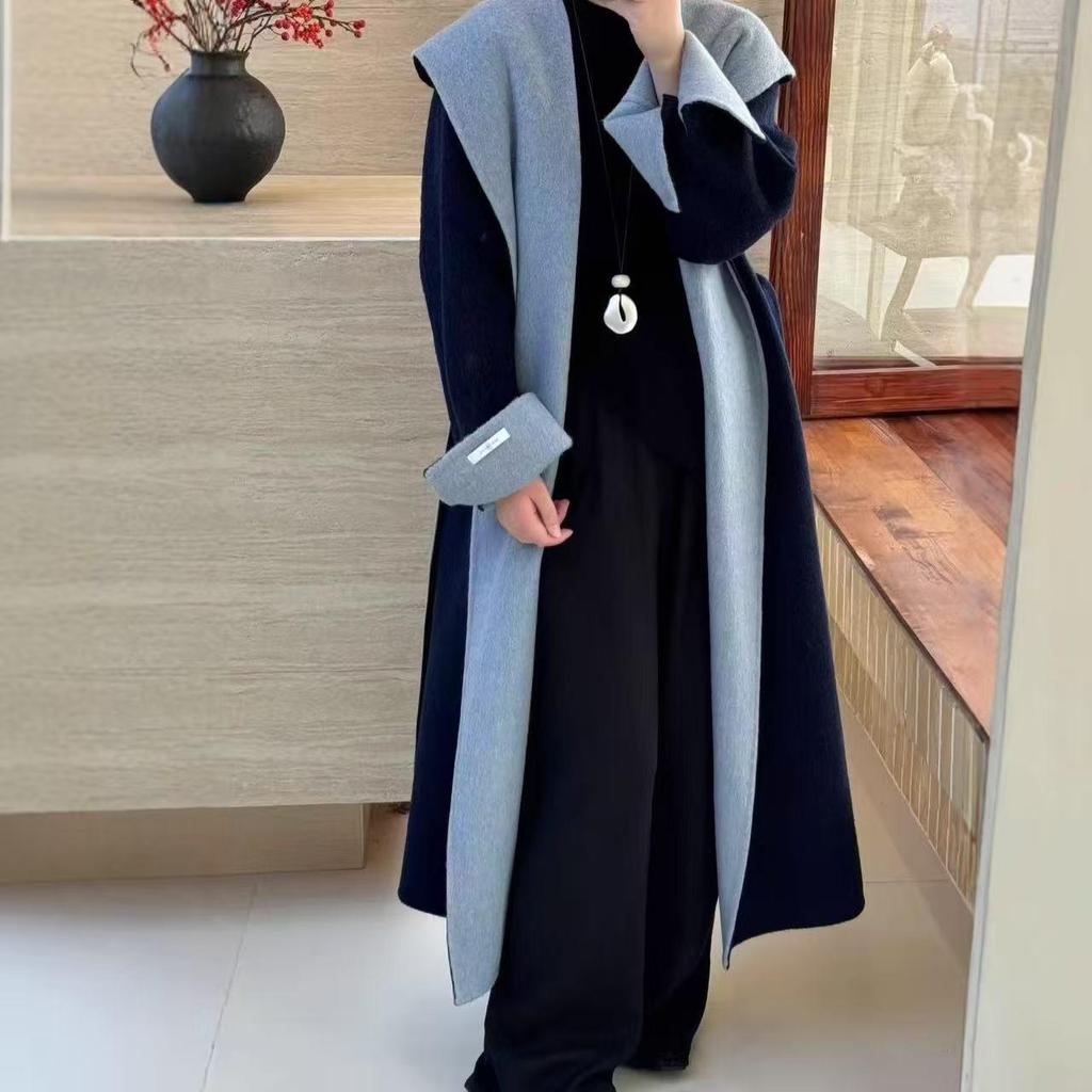 Extra langer Kapuzenmantel aus Wolle-Kaschmir für große Frauen - 2025 Herbst/Winter Koreanischer Stil