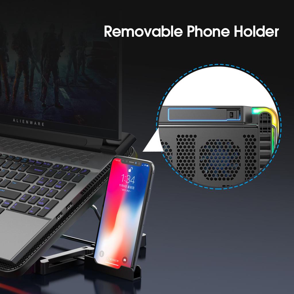 Coolcold 15,6-17,3 Zoll Laptop-Kühlpad mit 6 leisen Lüftern, 7-stufig einstellbare Windgeschwindigkeit, Laptop-Kühler mit Handyhalter