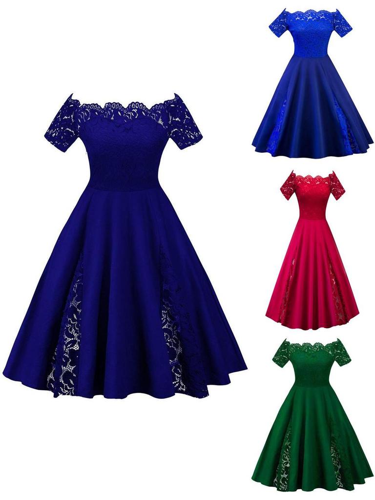 Elegant Plus Size Lace Dress With Off Panel Shoulder Design And High Waist Silhouette For Sophisticated Occasions