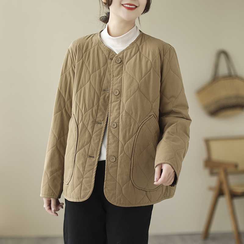 Retro Cotton Winter Quilted Warm Long-sleeved Padded Jacket Women's Solid Color Rhombic Padded Jacket Short Jacket